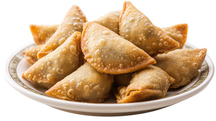 Delicious gujiya indian sweets resting on white plate with transparent background