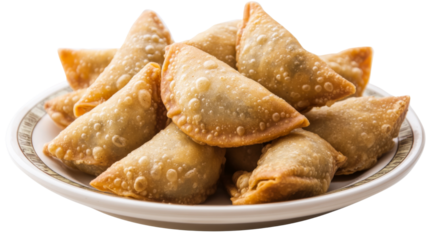 Delicious gujiya indian sweets resting on white plate with transparent background