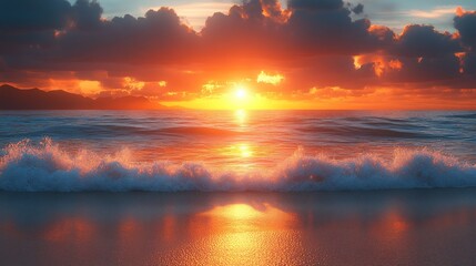 Fototapeta premium Vibrant sunset over ocean waves crashing on sandy beach.