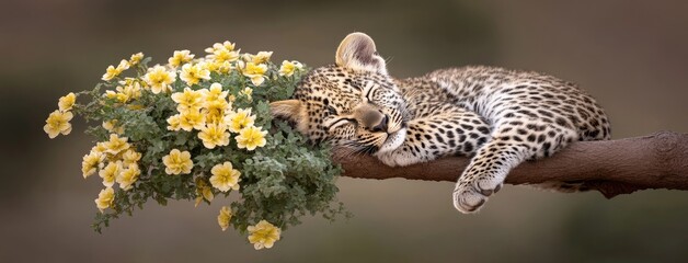 Obraz premium A leopard rests comfortably on a sturdy acacia branch, enjoying the serene atmosphere of the Serengeti prairie