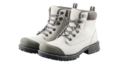 Pair of white leather boots with grey accents on transparent background