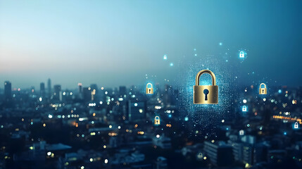 Digital padlock floating over city skyline at night depicting data security
