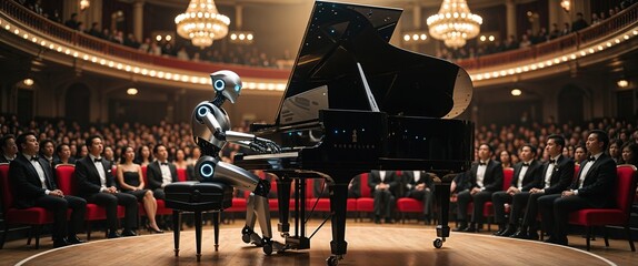 In a grand concert hall filled with an elegant audience, a humanoid robot delivers a remarkable piano performance, showcasing advanced technology and artistry amidst a formal setting