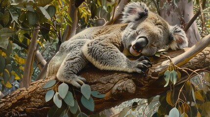 Obraz premium Koala sleeping in a eucalyptus tree