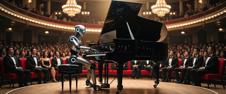 In a grand concert hall filled with an elegant audience, a humanoid robot delivers a remarkable piano performance, showcasing advanced technology and artistry amidst a formal setting