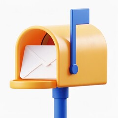 A bright orange mailbox with a blue flag and an open door revealing an envelope inside.