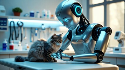 In a modern pet care facility, a robot interacts with a fluffy cat, showcasing the increasing role of automation in animal care. This shift highlights technological advancements