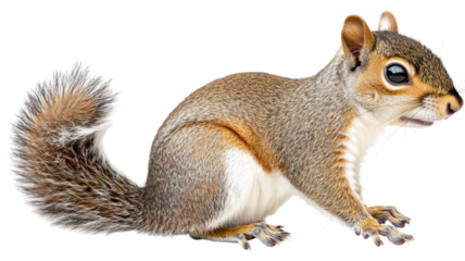 Eastern gray squirrel sitting and looking right on transparent background
