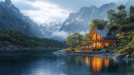 Fototapeta premium Lakeside cabin nestled in majestic mountains at dusk.