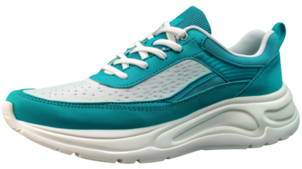 Turquoise and white sneaker with white laces on transparent background
