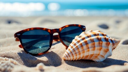 Sunglasses and shell on sandy beach under sunlight