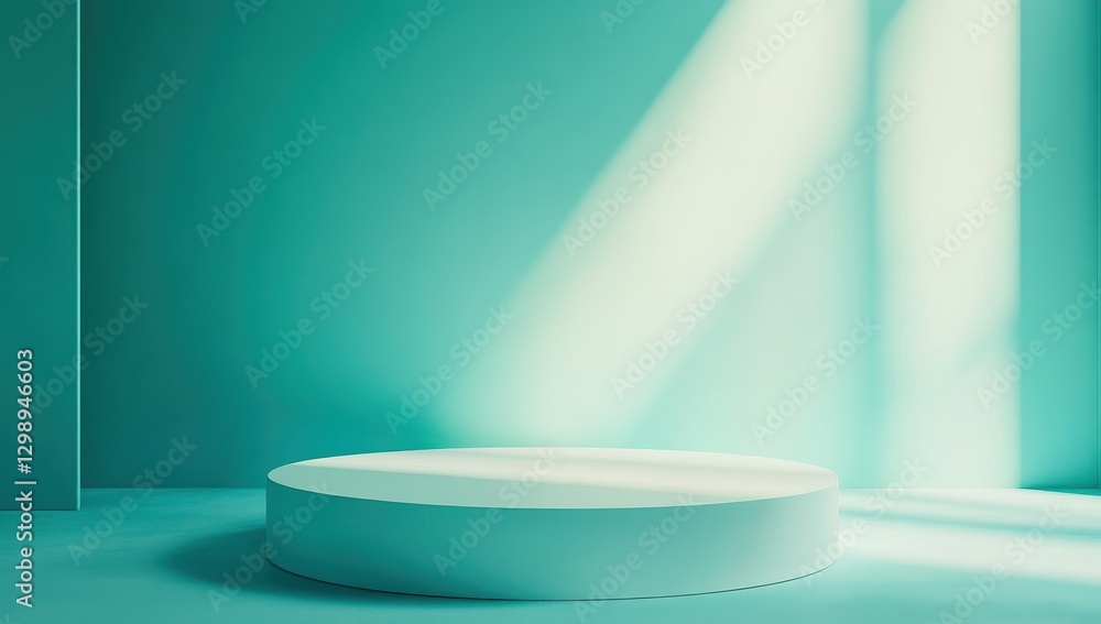 Poster elegant minimalistic studio setting with a circular platform on a vibrant turquoise background featu
