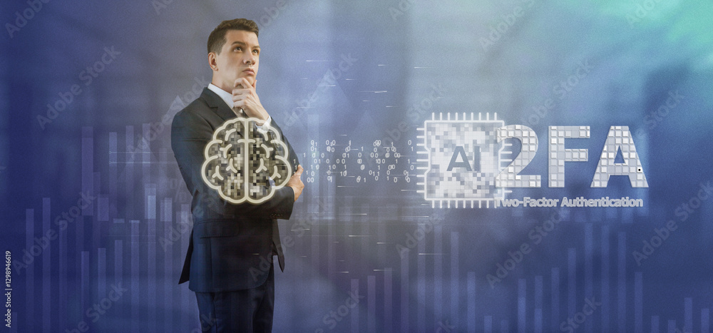 Poster 2fa. light charts background. a man in a suit in a thoughtful pose. brain connected to ai cpu