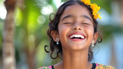 Indian girl laughing with closed eyes, space for text on top. 