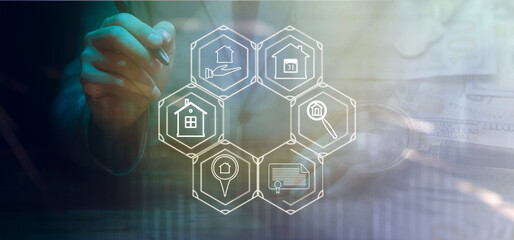 Real estate icon system. Graph drawn with a light pen. Background with dollar bills magnifying.