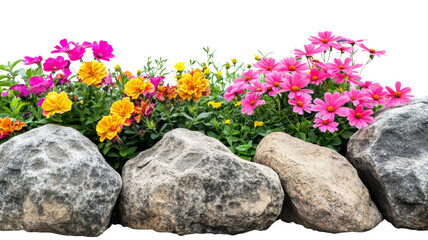 Colorful flowers growing between big rocks on transparent background