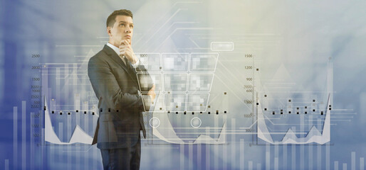 Gray charts background. A man in a business suit in a thoughtful pose. Digital pixel basket cart