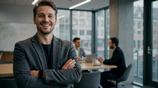 A confident businessman in a blazer, leading a business meeting in a modern corporate office, representing leadership, CEO, and manager in a digital marketing agency startup.