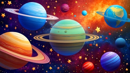 Naklejka premium Vibrant cosmic landscape with diverse planets and stars