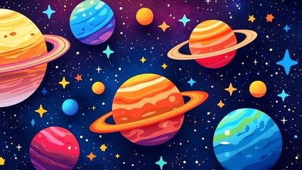 Vibrant cosmic landscape with diverse planets and stars