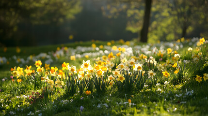 Fototapeta premium A bright spring meadow filled with daffodils, crocuses, and buttercups, illuminated by the morning sun.