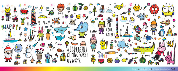 Collection of cute doodle handwritten decorative design elements, hand drawn in trendy doodle style - animals, plants, symbols. Colorful vector illustration