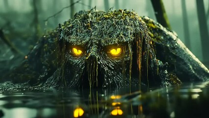 Mysterious creature emerging from murky waters in a dense, foggy forest, surrounded by lush greenery - Powered by Adobe