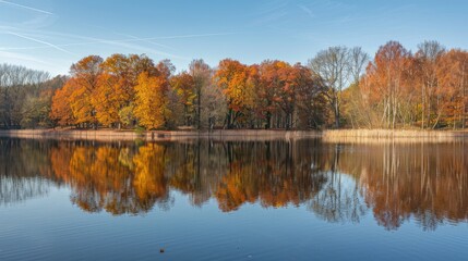 Obraz premium Reflective lake with autumn trees on the shore