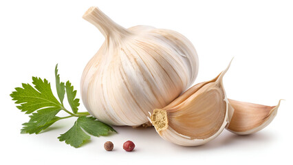 A fresh garlic bulb with natural texture and delicate papery skin, isolated on a clean white background.