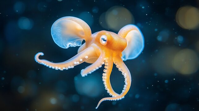 Tiny Dumbo Octopus flapping its ear like fins as it hovers in the deep sea its soft gelatinous body gently pulsating a charming and mysterious deep sea dweller