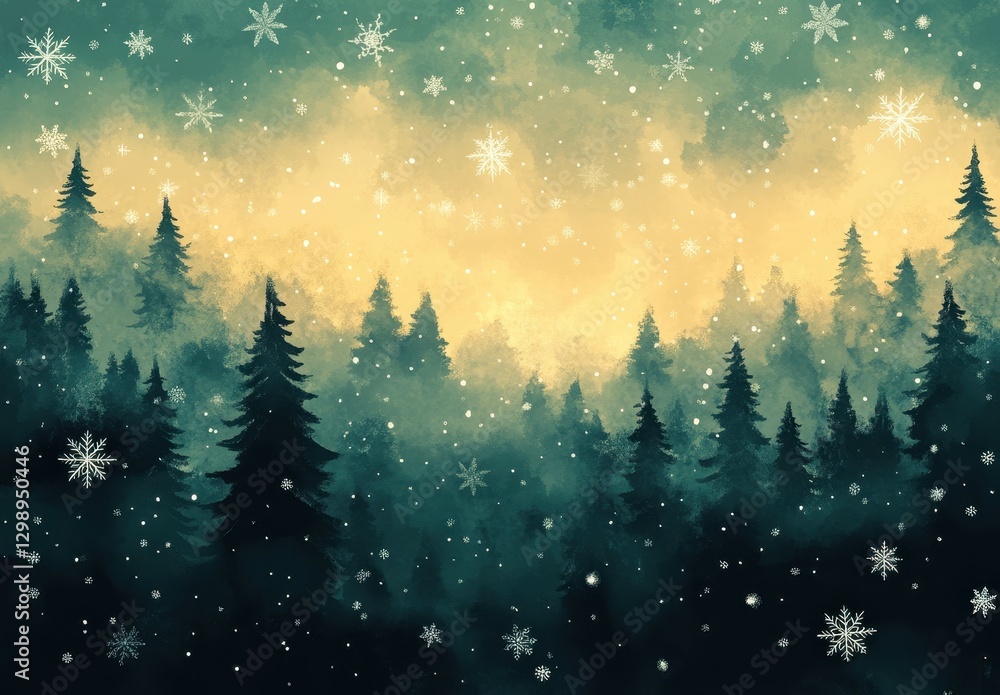 Poster enchanted winter forest with falling snowflakes and soft light glowing through trees in a mystical l