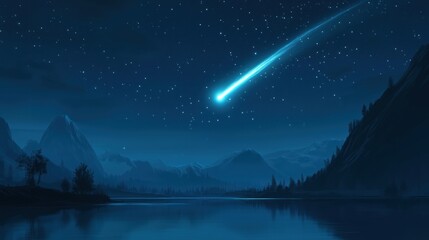 A serene night landscape featuring a shooting star over a calm lake and mountains.