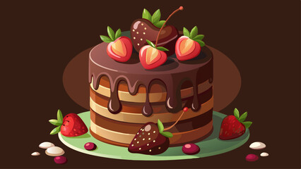 Chocolate cake with with berries, strawberries and cherries. cake on a dark brown background. copy space