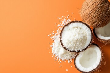 Coconuts and shredded coconut are arranged on an orange background