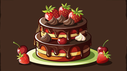 Chocolate cake with with berries, strawberries and cherries. cake on a dark brown background. copy space
