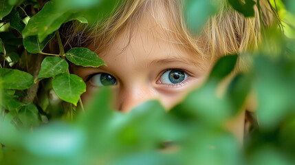 Children playing hide and seek in a forest clearing with friends