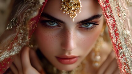 a  fashion layering techniques displayed using bridal attire showcasing a woman with a gold headpiece and red veil for elegance