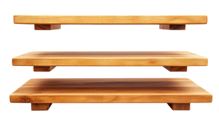 Three empty wooden shelves floating on transparent background