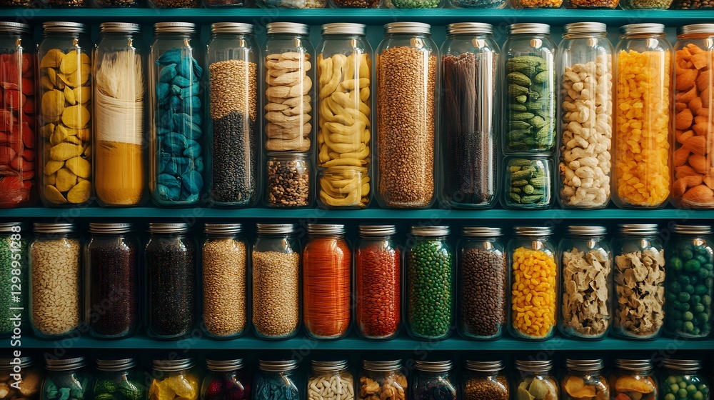 Poster a captivating flat lay image showcasing rows of jars filled with different types of food arranged be