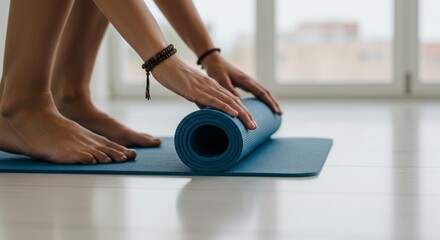 Fototapeta premium Woman rolling up a blue yoga mat on a wooden floor 