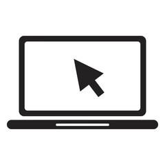 Laptop Cursor Icon: A sleek black and white icon depicting a laptop with a cursor arrow, symbolizing online interaction, digital navigation, and technological advancement.