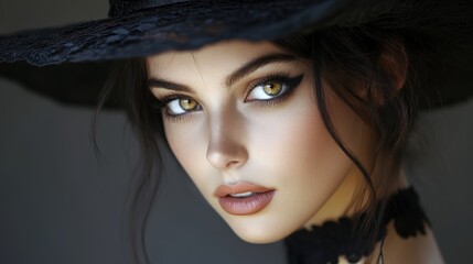 Mysterious sorceress with intense gaze wearing wide-brimmed hat