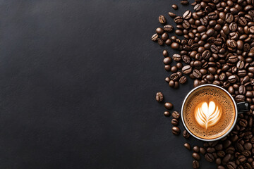 cup of cappuccino or coffee, surrounded by coffee beans on a dark background with copy space, creating a minimalist and elegant composition.