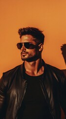 Fototapeta premium Stylish man sunglasses warm background