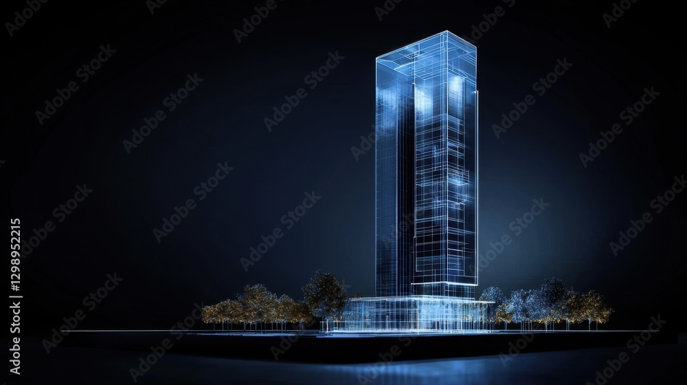 Poster futuristic architectural design of a tall building with a transparent structure and a dark backgroun