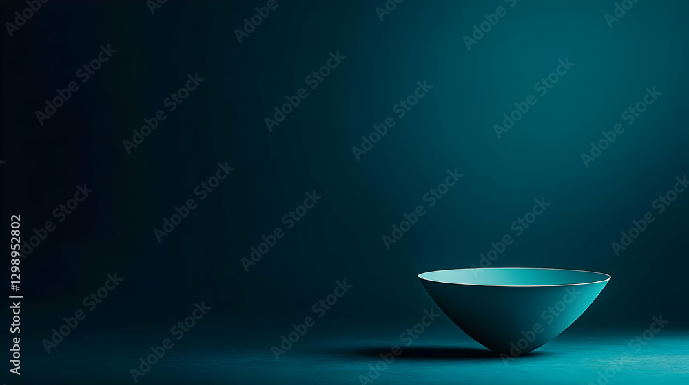 Poster teal conical bowl displayed on a dark textured surface with gradient lighting in a minimalist studio