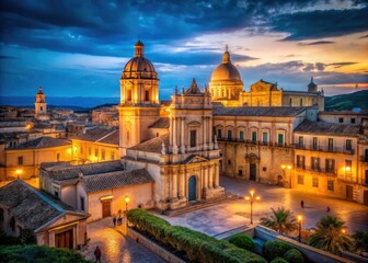 Fototapeta premium Noto Sicily Night Panoramic Photography, Baroque Architecture, Cathedral, Palazzo Ducezio, Italian Cityscape, Night View, Sicilian Old Town