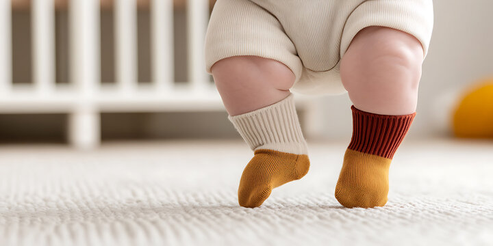 Baby's First Steps: A close-up of a baby learning to walk, showcasing their tiny feet in mismatched socks on a soft carpet, creating a heartwarming image.