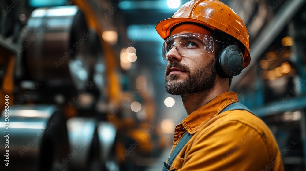 Aufkleber a focused worker wearing a hard hat and safety gear studies the machinery in a busy factory environm