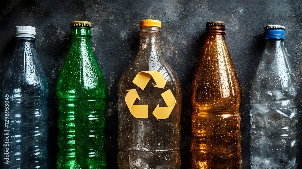 Poster recycle sign arrows in triangle out of bottles made from recycled materials symbolizing sustainabili